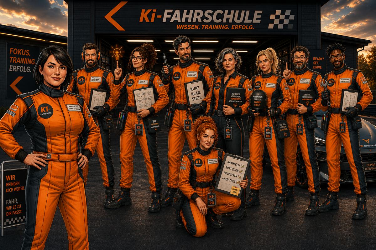 Die Crew der KI.Fahrschule in orangen Rennanzügen vor der Box